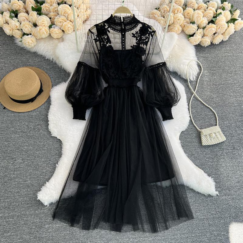 Ladies Dress Three Dimensional Flower Hook Mesh Temperament Stand Collar Lantern Sleeve High Waist Slim Female Dresses