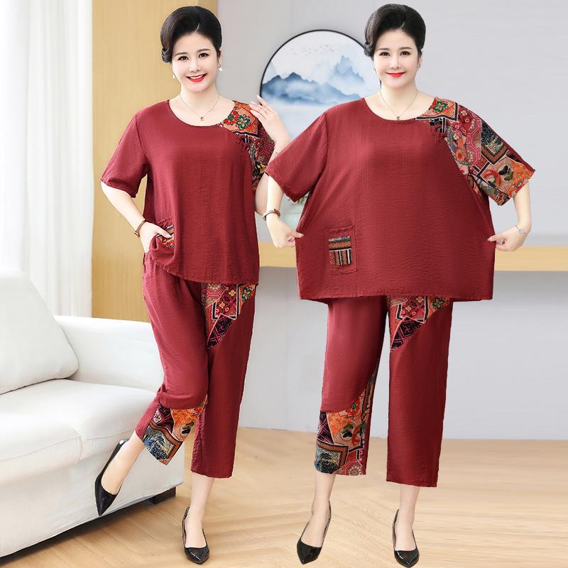 

Модный комплект из двух предметов из хлопка и льна больших размеров для женщин - с короткими рукавами, подходит для людей среднего и пожилого возраста - летняя одежда 4XL кирпич красный