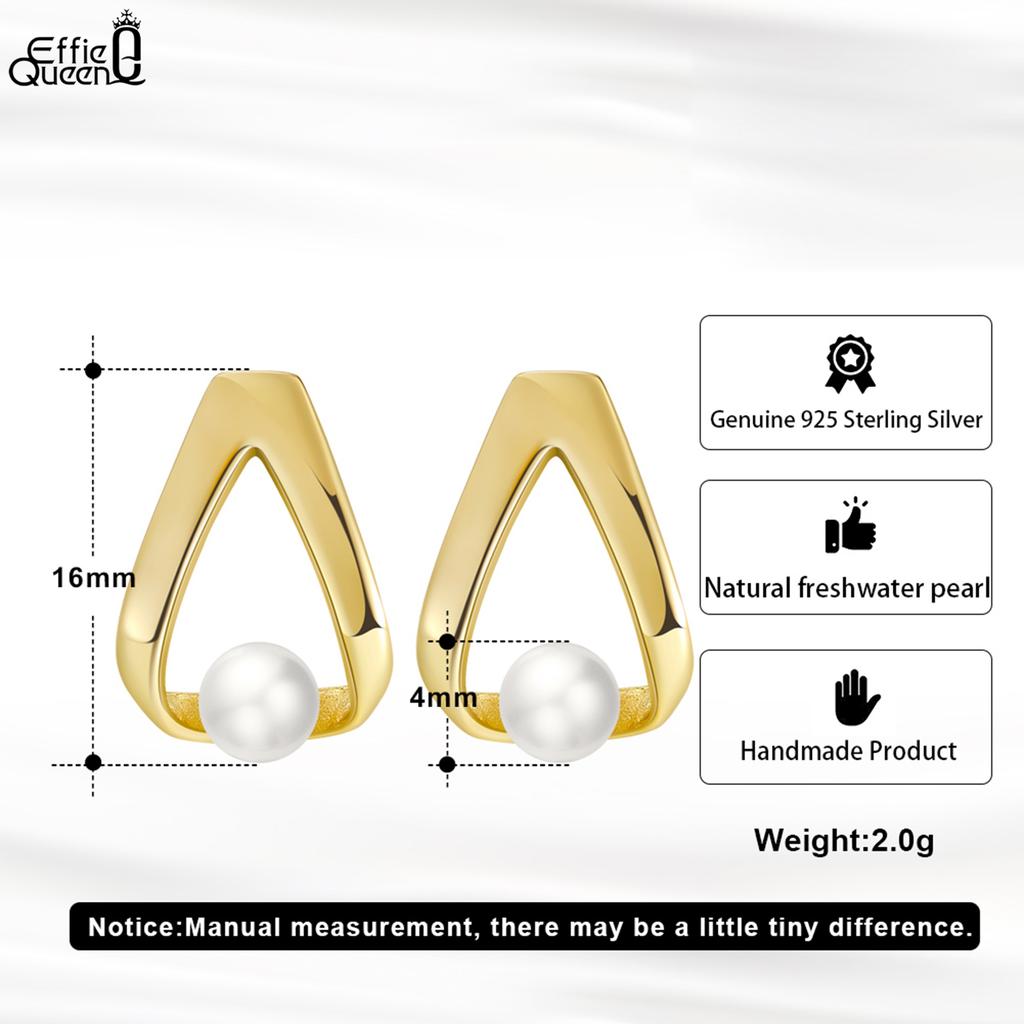 Effie Queen 925 Reinsilber 14 Karat Gold Dreieck Süßwasserperle Steckerohrringe Bankett Schmuck für Damen Hochzeitsfeier Geschenk GPE35