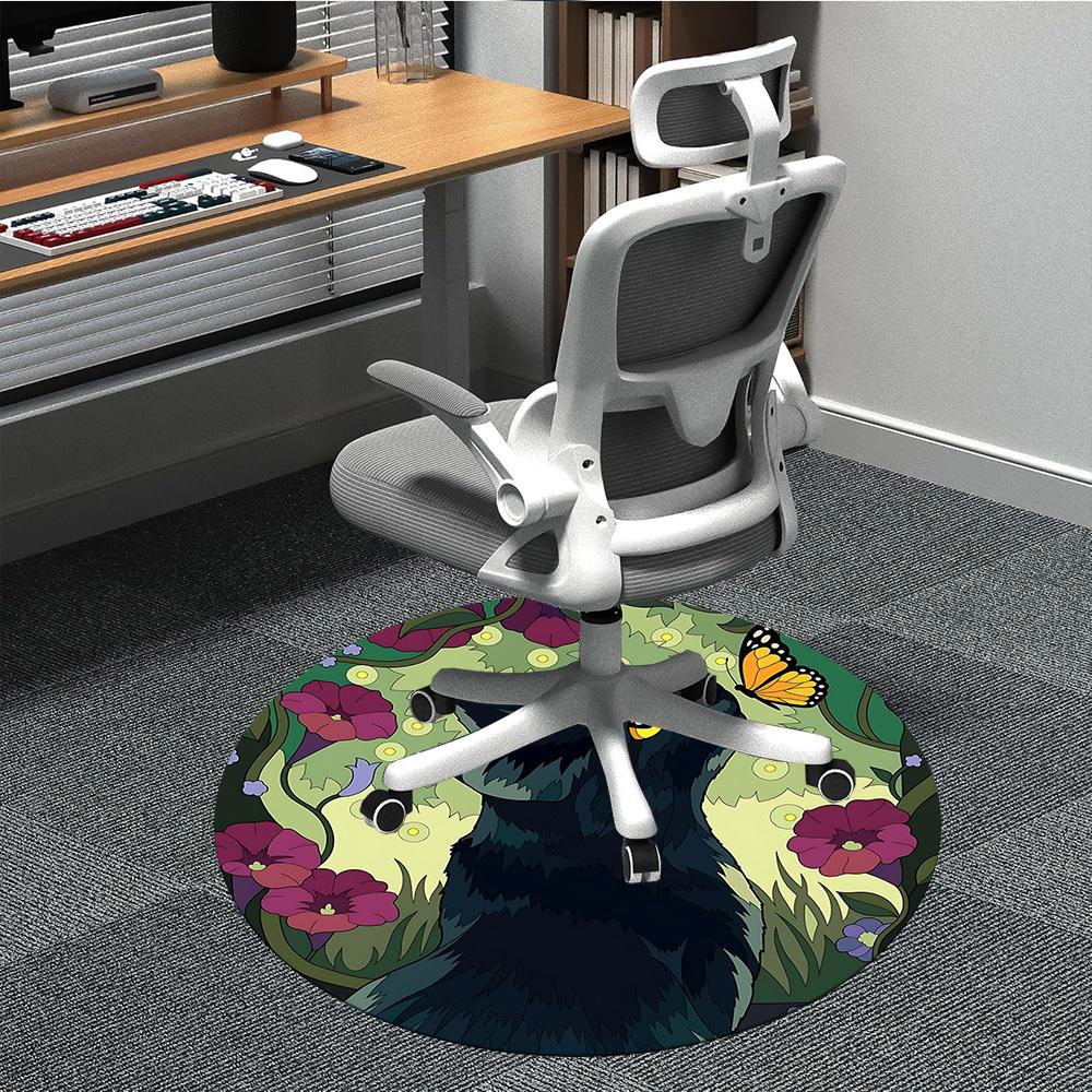 1pc Black Cat Pattern Carpet, Round Non Slip Durable Large Size Office Carpet, Suitable for Office