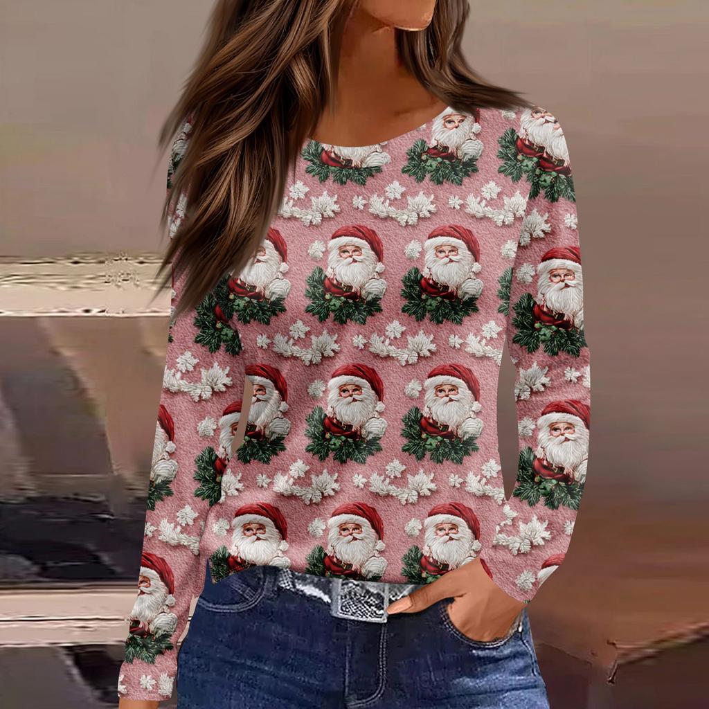 Women's Fashion Casual Slit Hem Round Neck Long Sleeve Loose  Printed T-Shirt Ladies Top