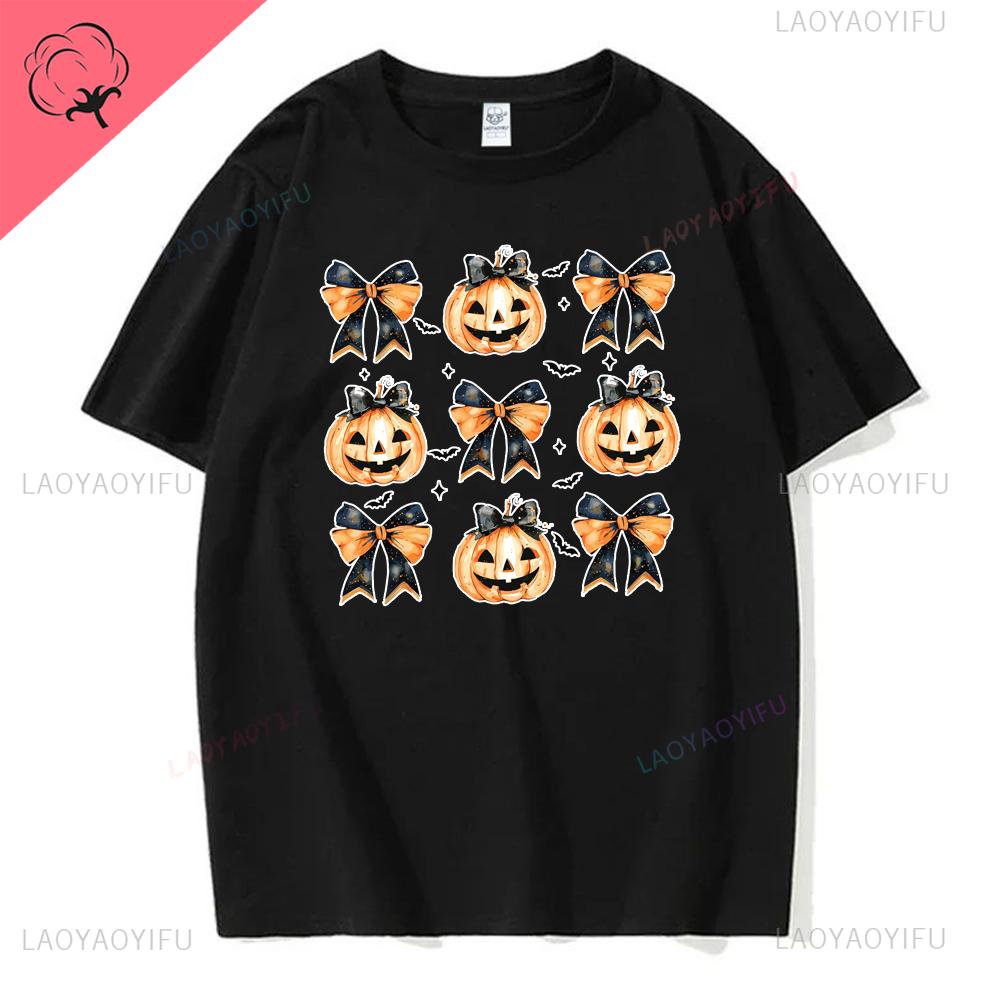 Women Ghost Pumpkin Bat Print Round Neck Pullovers Funny Halloween Costume Cotton Shirt Graphic T Shirts Y2k Top Harajuku Tops