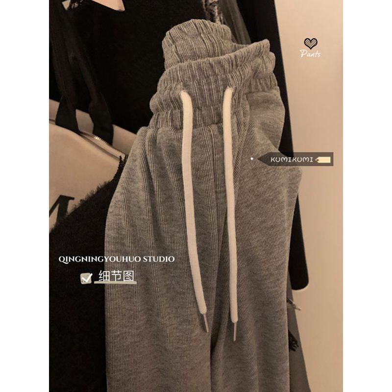 Gray Idle Style Fleece-lined Spring and Autumn Draped Casual Pants