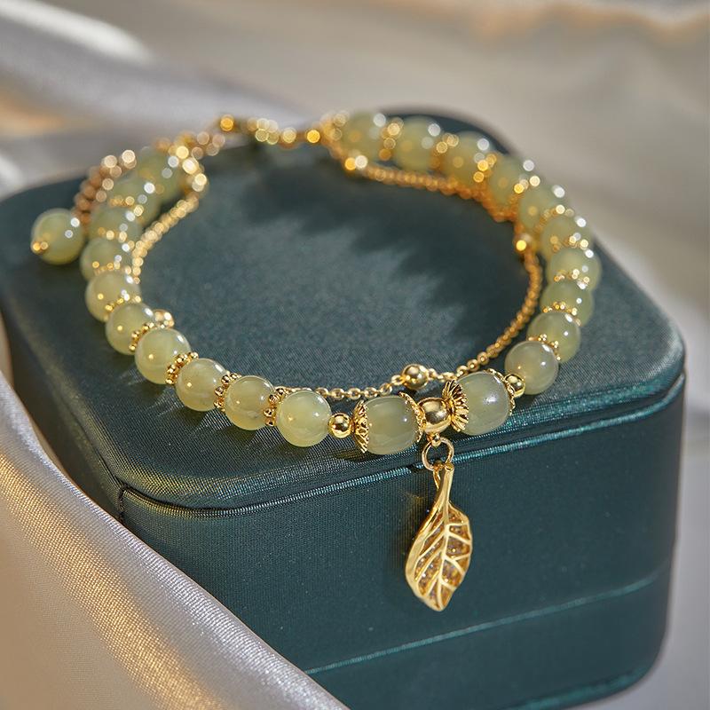 

New Golden Jade Leaf Bracelet, Moon-themed Friendship Bracelet, Niche Design, Ancient Beads, High-Value Jewelry, Women s Bracelet Golden Jade Leaf and Heti