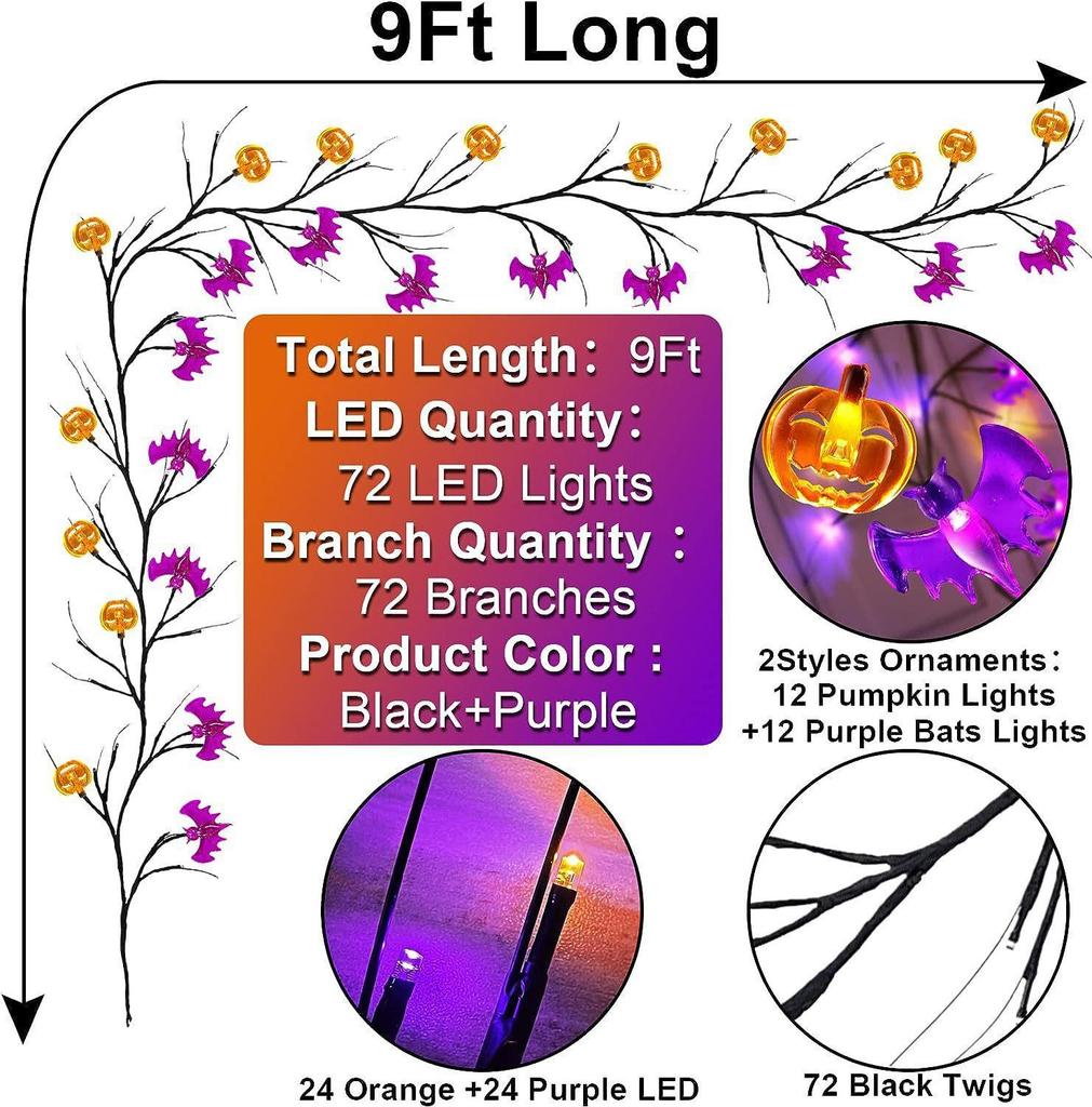 Waterproof LED Halloween Rattan String Lights - Spider & Bat Design for Outdoor Decoration