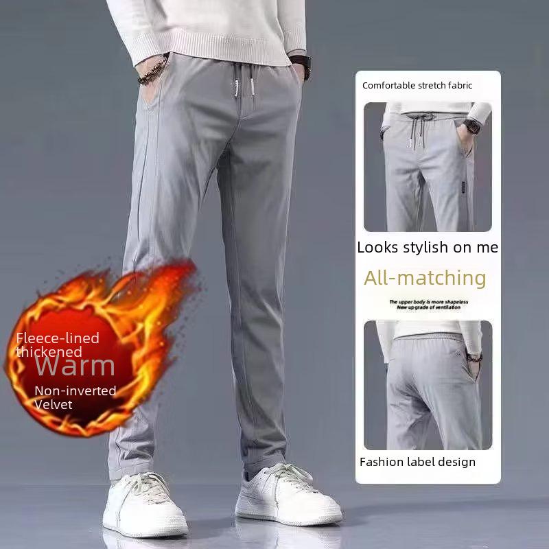 Black Label Plus Men's Slim Fit Tall Straight Fleece Pants - Autumn/Winter Korean Casual Trousers