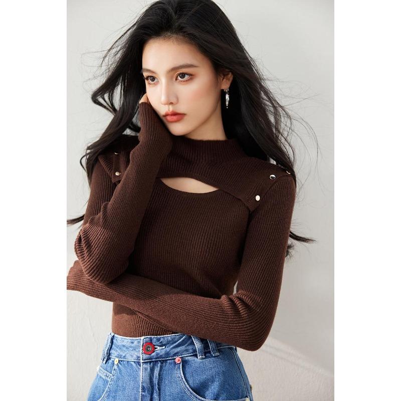 

Модный черный вязаный свитер для женщин, ажурный дизайн, полувысокий воротник, прямой крой, стройнит фигуру XL кофейный