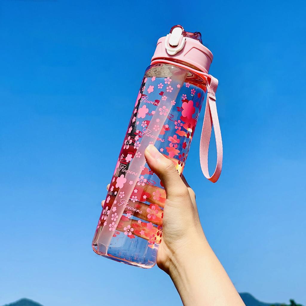 800ML Straw Water Bottle Cherry Blossom Large Capacity Sports Water Bottle, Suitable for Outdoor Activities