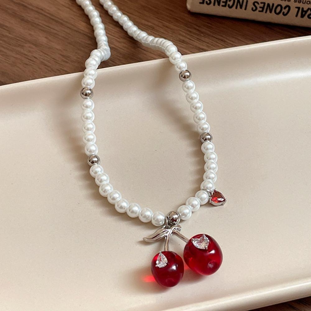 Pendant Cherry Necklace Heart Crystal Ear Studs Exquisite Cherry Jewelry Set  Gift