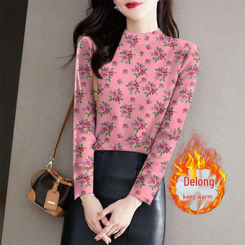 

Women s Ribbed Fleece Floral Base Layer: Semi-High Neck, Long Sleeve, Slimming Fit for Moms M (for up to 90 jin)
