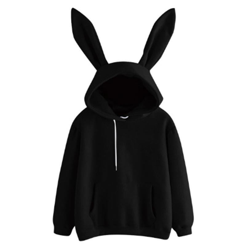 

Осень-зима женские толстовки с капюшоном Kawaii Rabbit Ears Fashion Hoody Casual Colors Solid Color Теплая толстовка с капюшоном для женщин XS чёрный