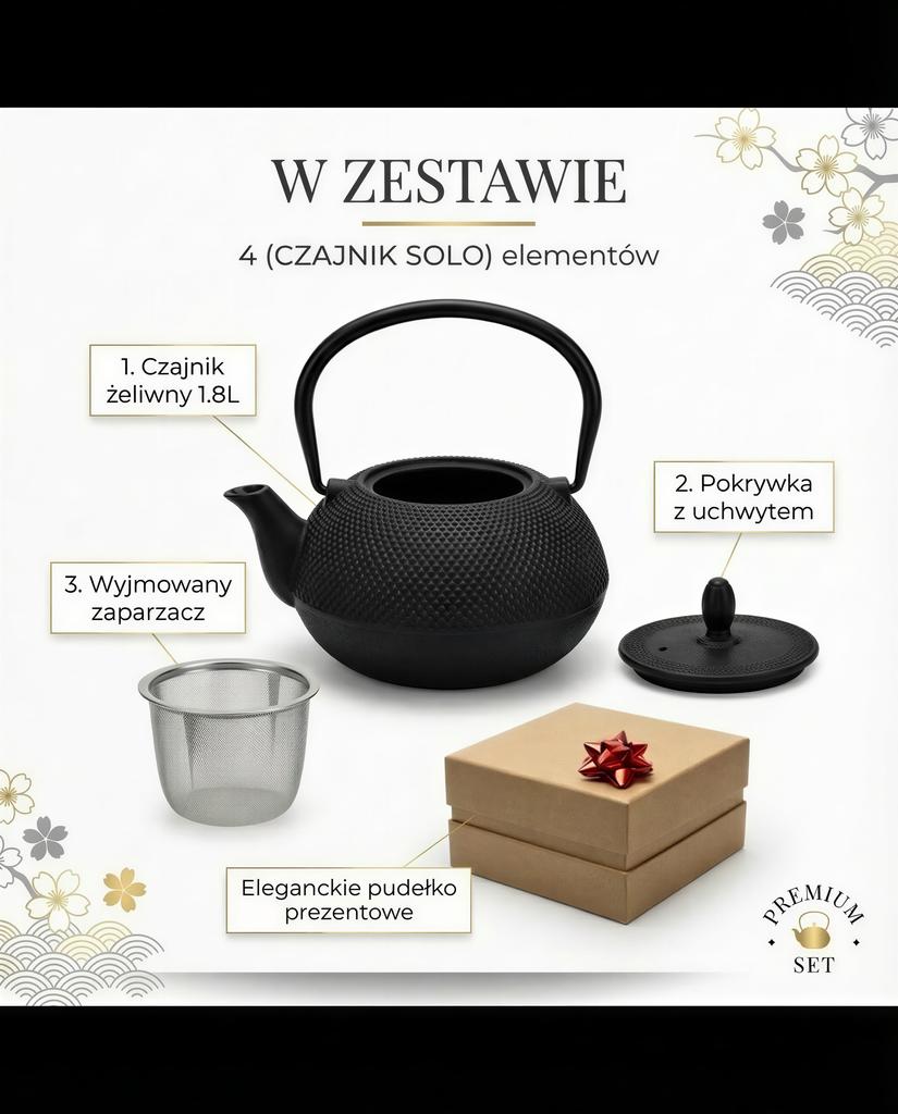 CAST IRON KETTLE 1.8L LARGE BLACK FOR TEA + STEEL INFuser