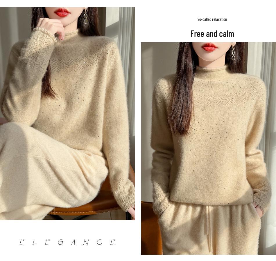 2026 A/W Wool Sweater: Thickened Roll Edge, Half-High Collar, Long Sleeve, Hot-Fix Rhinestone, Hollow-Out Knitwear.