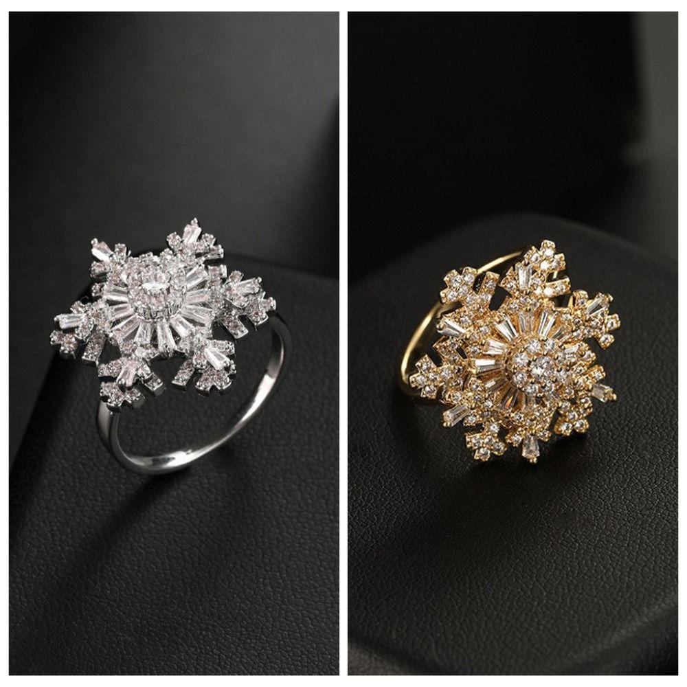 Light Luxury Snowflake Ring Sparkling Zircon Finger Ring Creative Rotatable Snowflower Ring  Party