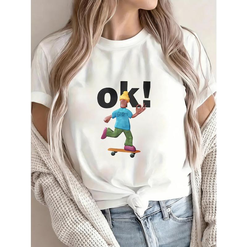 Cotton T Shirt White Skateboarder Cartoon Print Ok Text Casual Wear For Women Summer Outfit Street Style Top