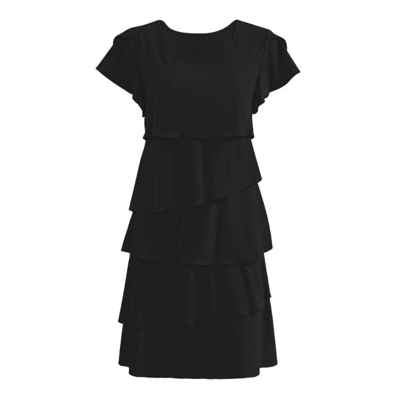 Women's Short Sleeve Crew Neck Ruffle Tiered Layered Flowys Swing Long Midi Dress Summer Dresses Casual Loose Dresses