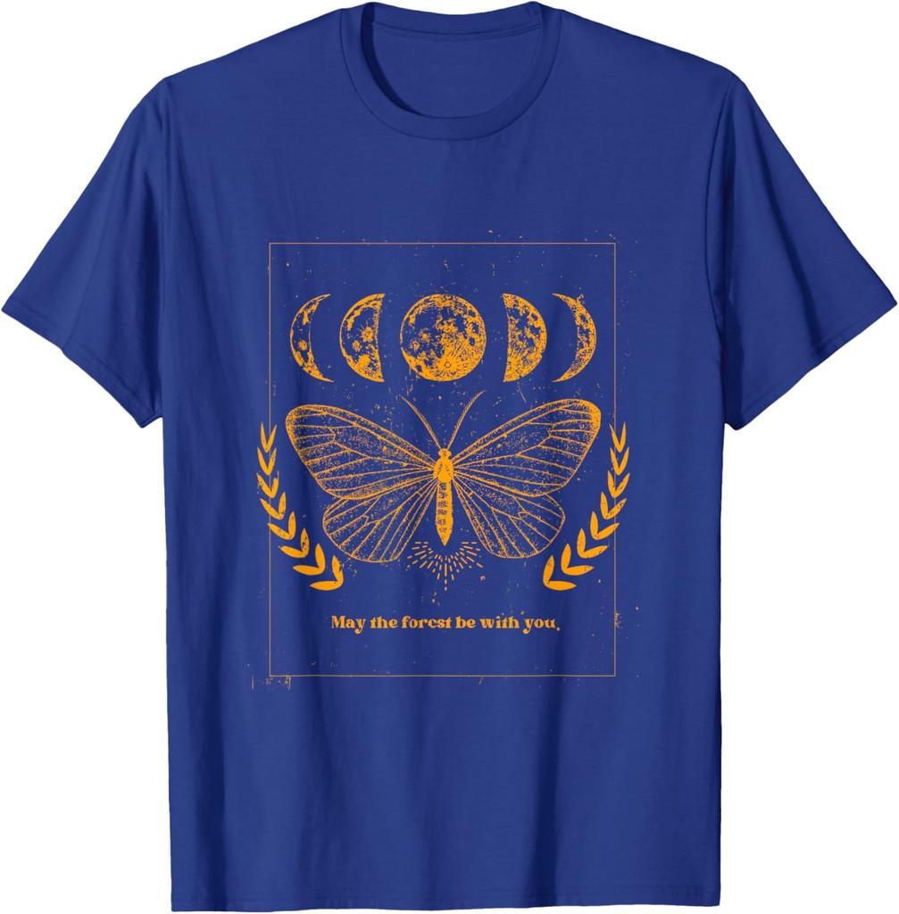 Celestial Butterfly Moon Phases Forest Wish Graphic Tee Casual Crewneck T-Shirt For Men