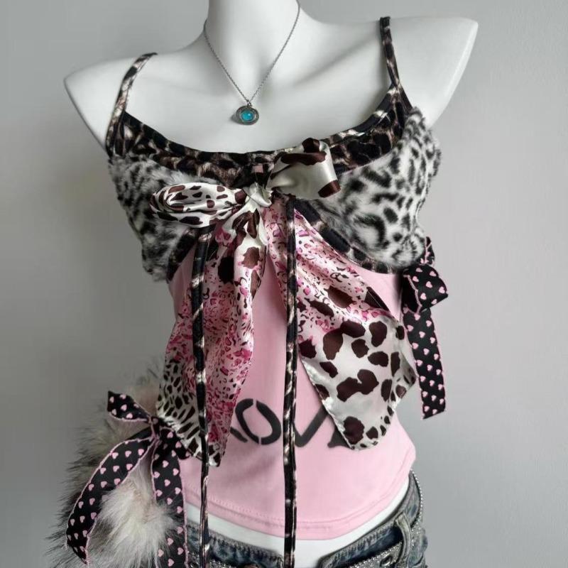 TrendHub American Harajuku Hottie Camisole Subculture Leopard Patchwork Bow Halter Vest Y2K Aesthetic Letter Print Tanks Women's Slim Top