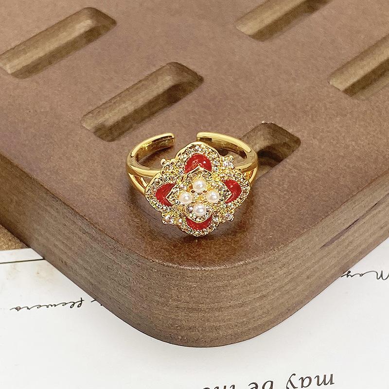 Court Style Medieval Red Lucky Transfer Enamel Drip Oil Opening Ring Butterfly High Sense Ring Woman