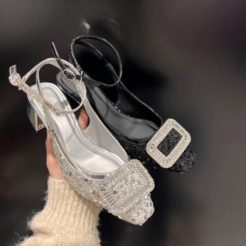 Sandale Balerini cu Cristale Strălucitoare pentru Femei, de Lux, cu Vârf Pătrat, Adânci, cu Cataramă, Pantofi de Dans Balet, Vară Nou, Sandalias De Mujer