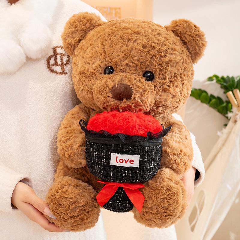 Non-Toxic Rose Bear Soft Stuffed Plush Toys Teddy Bear Cute Animal Plushies Doll Love Flower Romantic Gifts Happy Valentine'S Day Decor
