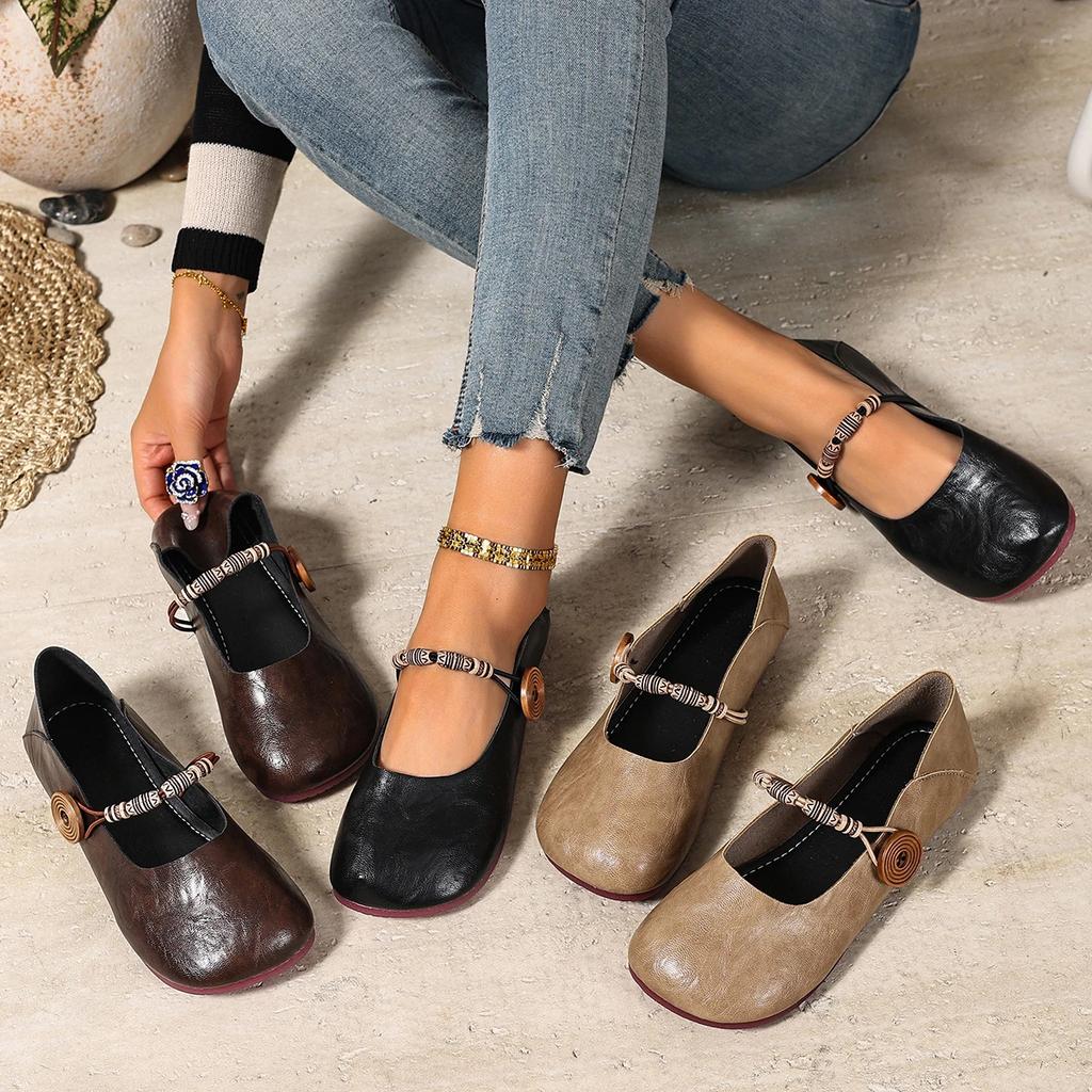 Fashion Retro Beaded Leather Flat Shoes Women's Solid Color Fashion Comfortable Shallow Shoes Designer Women Sneakers Zapatos De Mujer