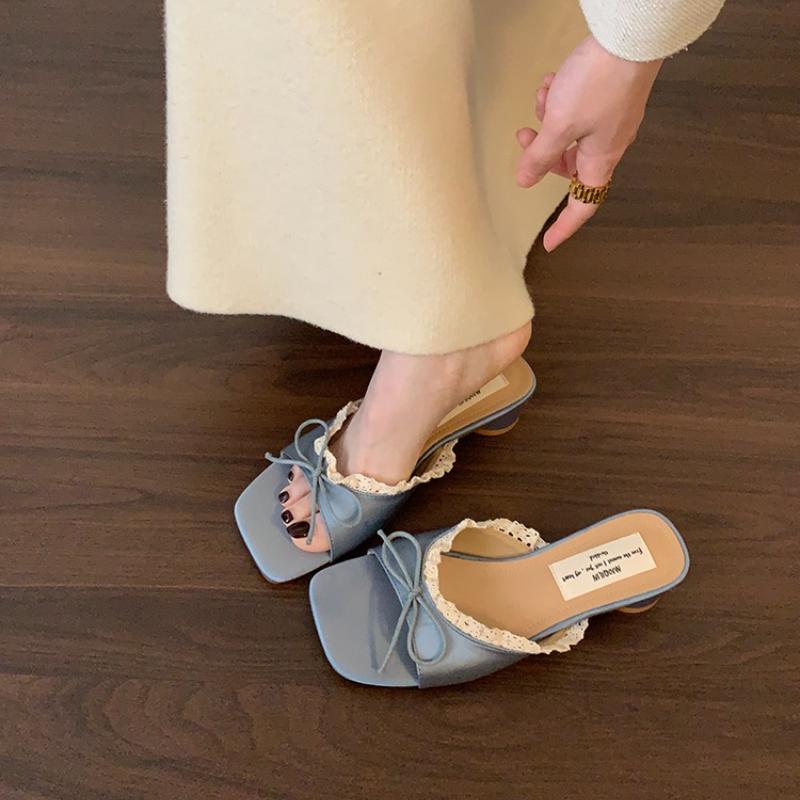 

Летние женские шлепанцы с квадратным носком, модные кружевные туфли-слайды для платья, лаконичные женские сандалии для улицы, пляжа, отпуска 35 синий