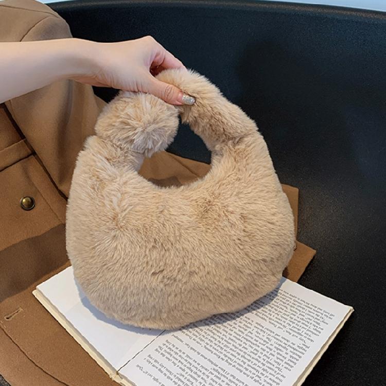 Faux Furs Shoulder Bag with Tie Zipper Casual Shoulder Bag Half Moon Purse Bag
