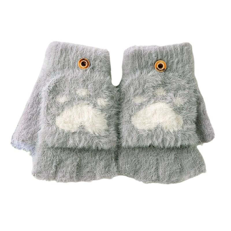 Cartoon Plush Cats Paw Fingerless Mittens with Flip Top Winter Knitted Gloves Stretchy Soft Mitten Elastic Warm Mitte