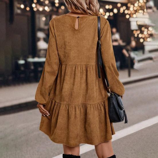 Womens A-Line Faux Suede Mini Dress Crew Neck Tiered Casual Long Sleeve Dress Fall Swing Loose Outfit