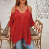 Women Blouse V-Neck 3/4 Sleeves Off Shoulder Straps Pullover Tops Asymmetric Lace Splicing Pure Color Mid-length Summer Tops