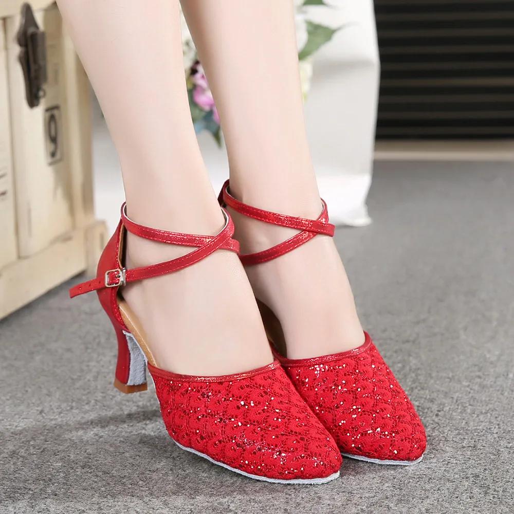 Módní moderní taneční boty pro ženy, boty na latinskoamerické tance se třpytivým síťovaným svrškem se sekviny, měkkou semišovou podrážkou a vysokými podpatky, černé boty