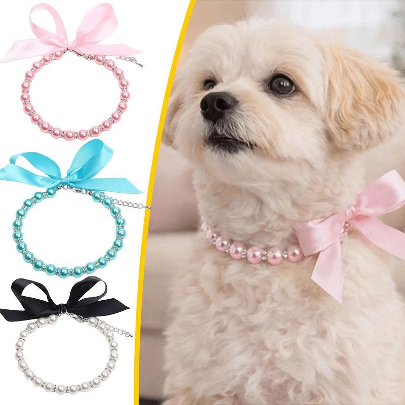 Adjustable Pearl Pet Collar Simulated Pearl Cat Bead Collar Necklace Elegant Bow Knot Ribbon Dogs Cats Collar Pets Accessories