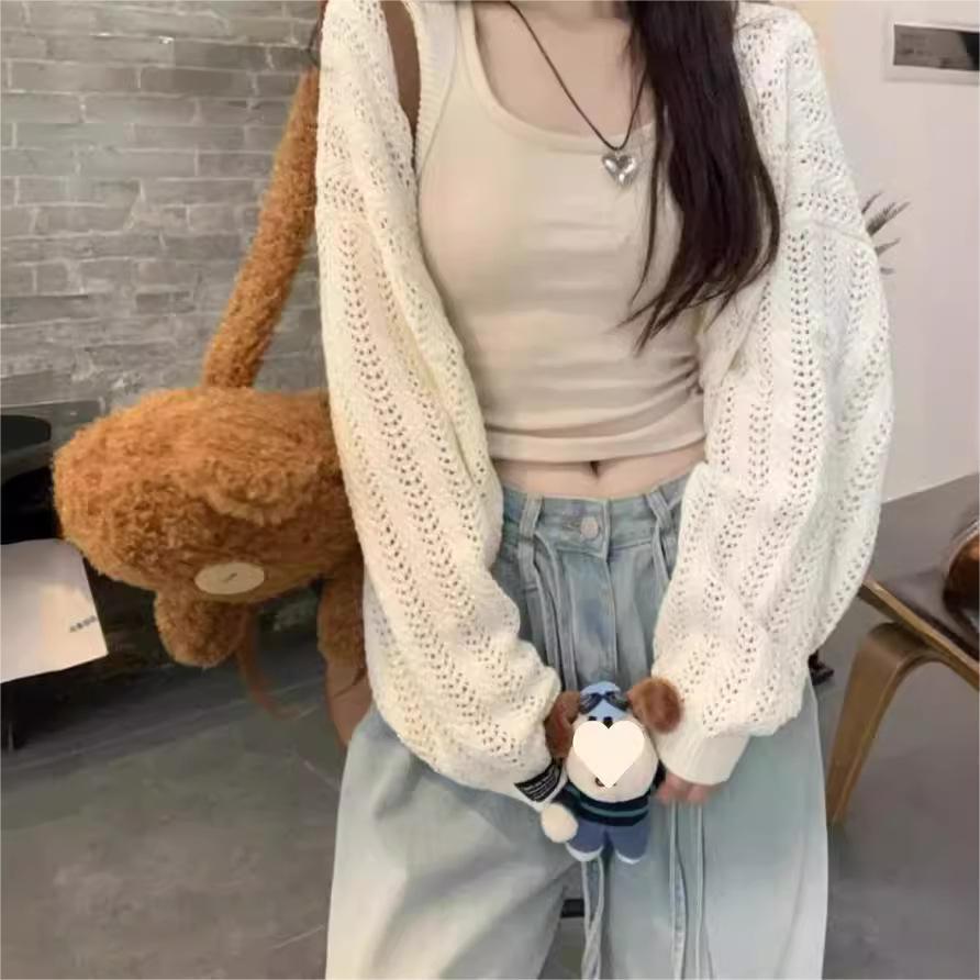 Grey thin hollowed-out sunscreen knitted cardigan women's summer top high-end outer with solid color blouse short shawl