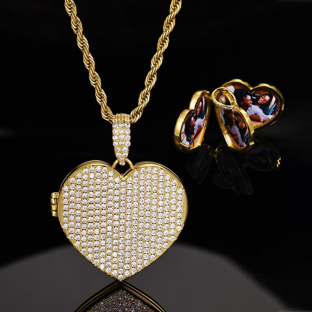 Trendy Heart-Shaped Zircon Photo Pendant Necklace - European & American Hip Hop Style