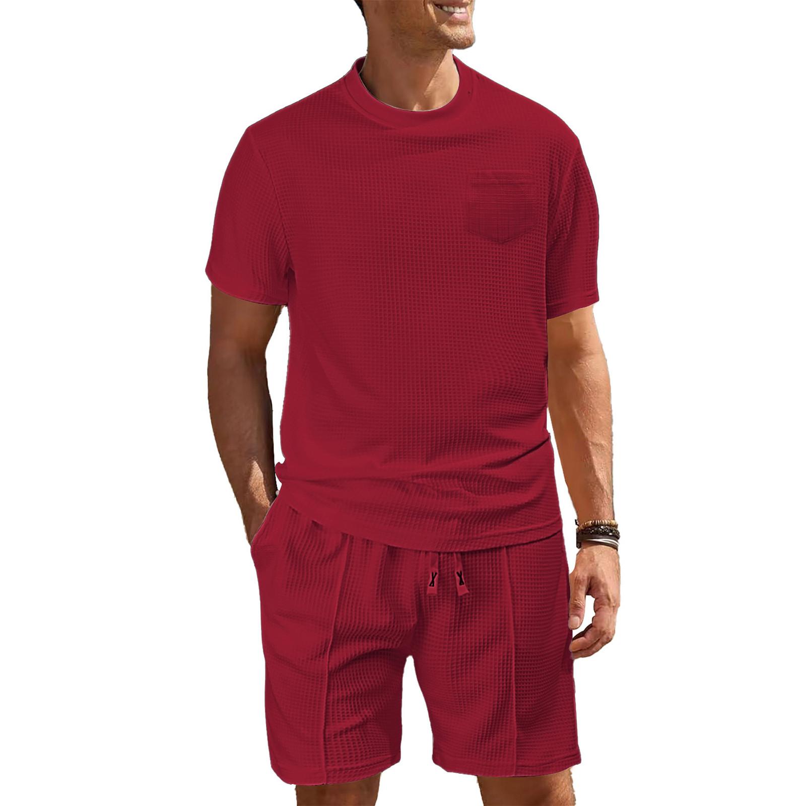 

Мужской однотонный повседневный комплект из двух предметов с круглым вырезом и короткими рукавами S винный