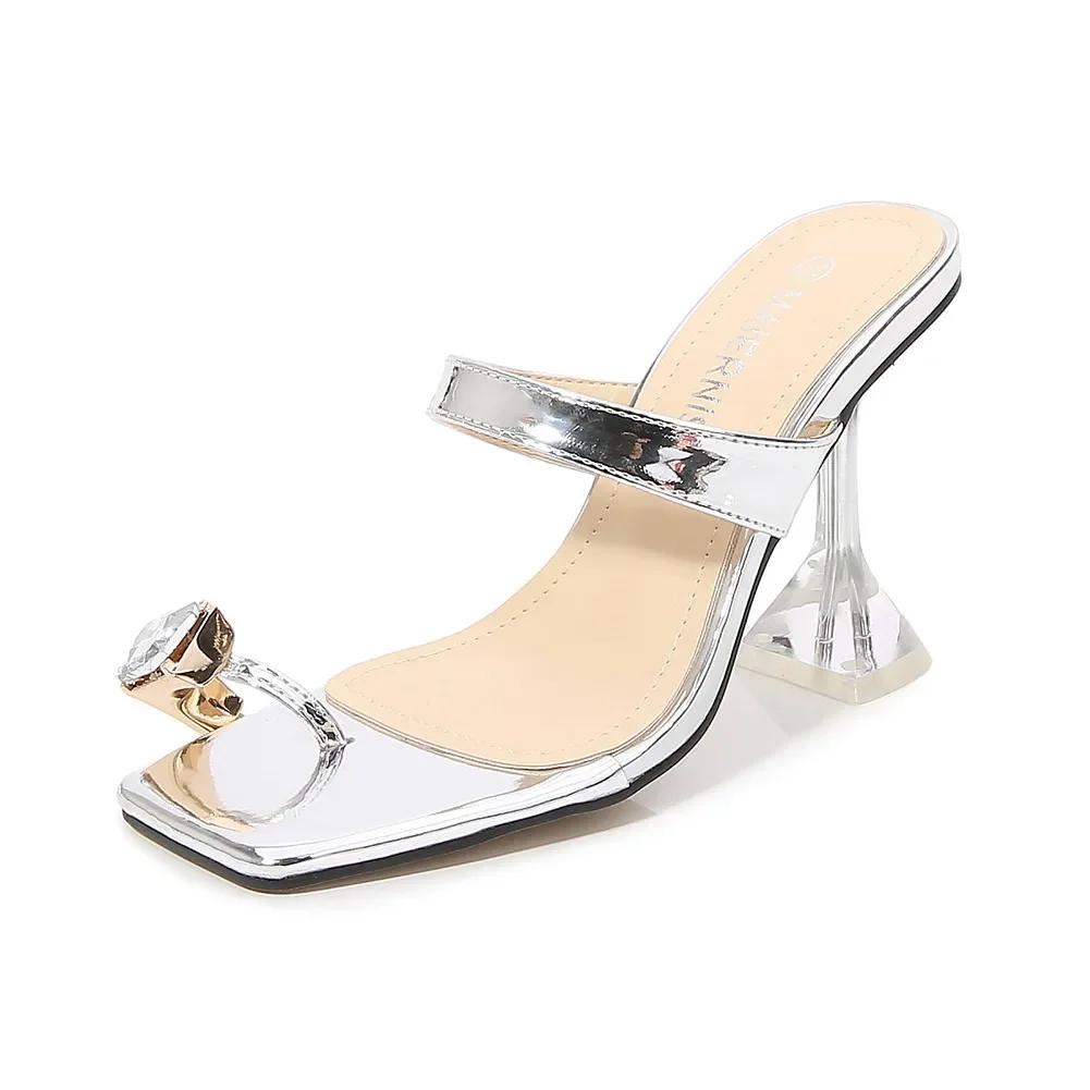 

Модные прозрачные мюли со стразами для вечеринок 9 см сандалии женская обувь большой размер 44 45 46 2024 новые модные тапочки женские туфли на высоком каблуке 38 серебряный