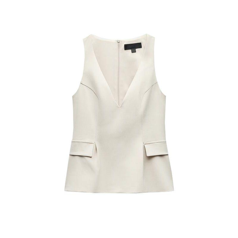 Spring New Women's Clothing French Style Design Short Skirt Hem Flip V-neck Vest Tops 2164554