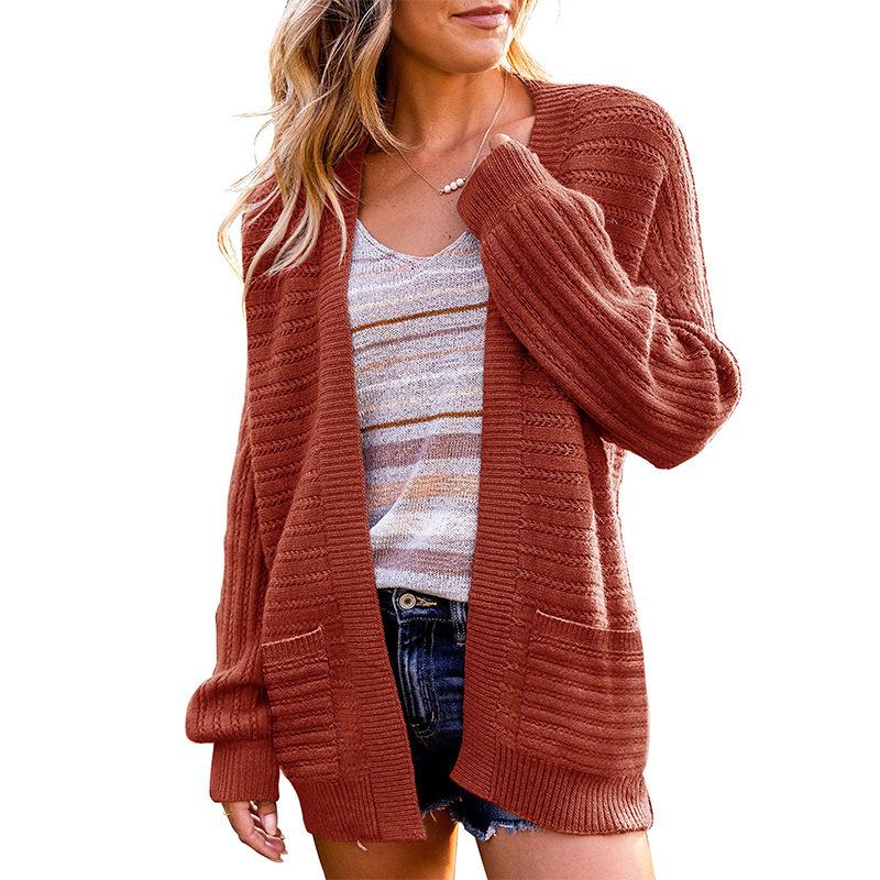 European & American Women's Hollow Knit Lantern Sleeve Cardigan - Autumn/Winter 2024 Style.