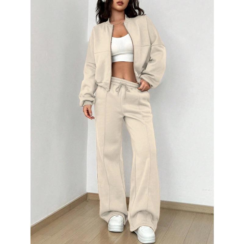 VEZFAA Pantalones de moda para mujer, informales, de primavera y otoño, con estampado de colores sólidos, de manga larga y cuello redondo, pantalones, trajes