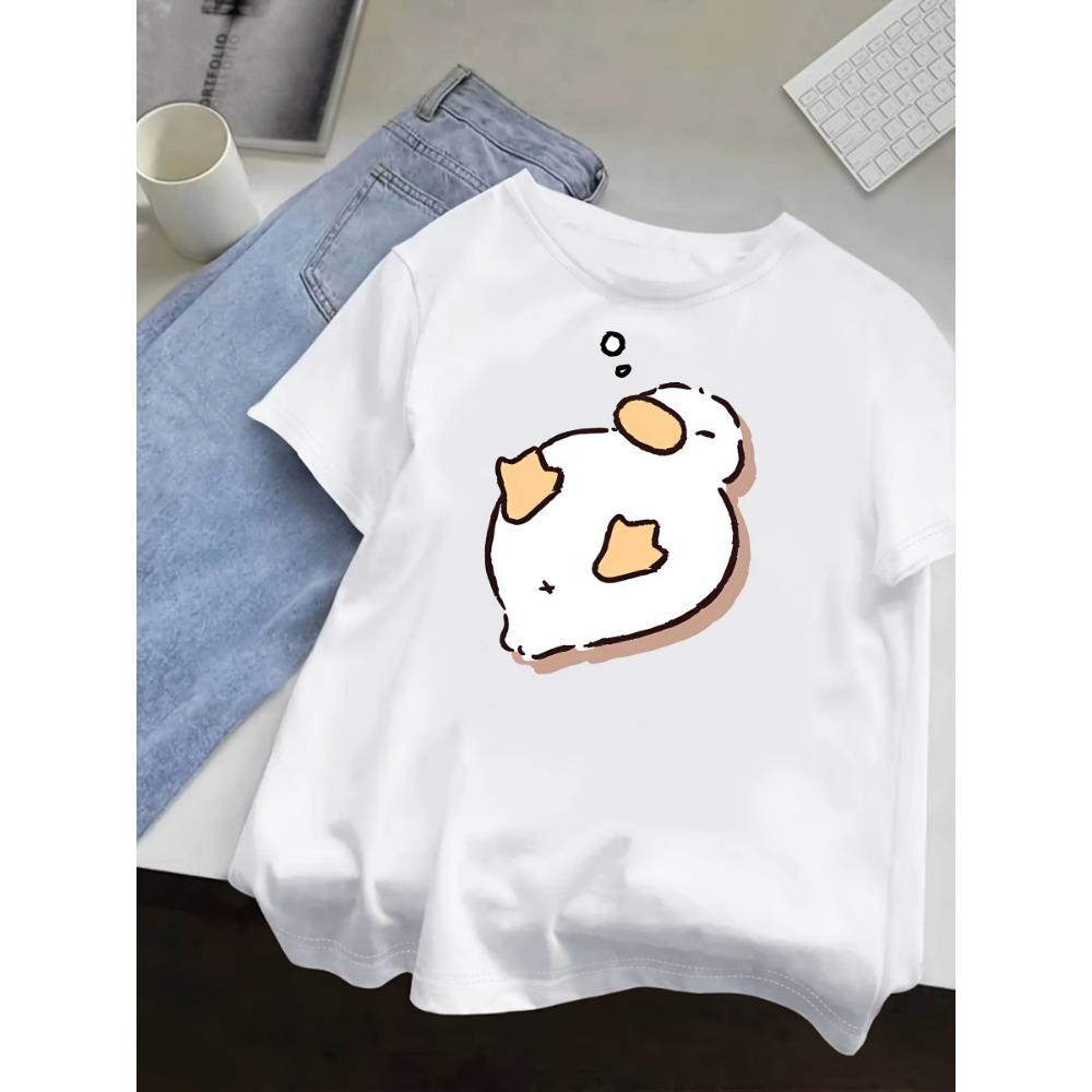 Women's T-shirt Short Sleeved Cute Sleeping Duck and Zzz Pattern Creative Print Summer Round Neck T-shirt Clothes