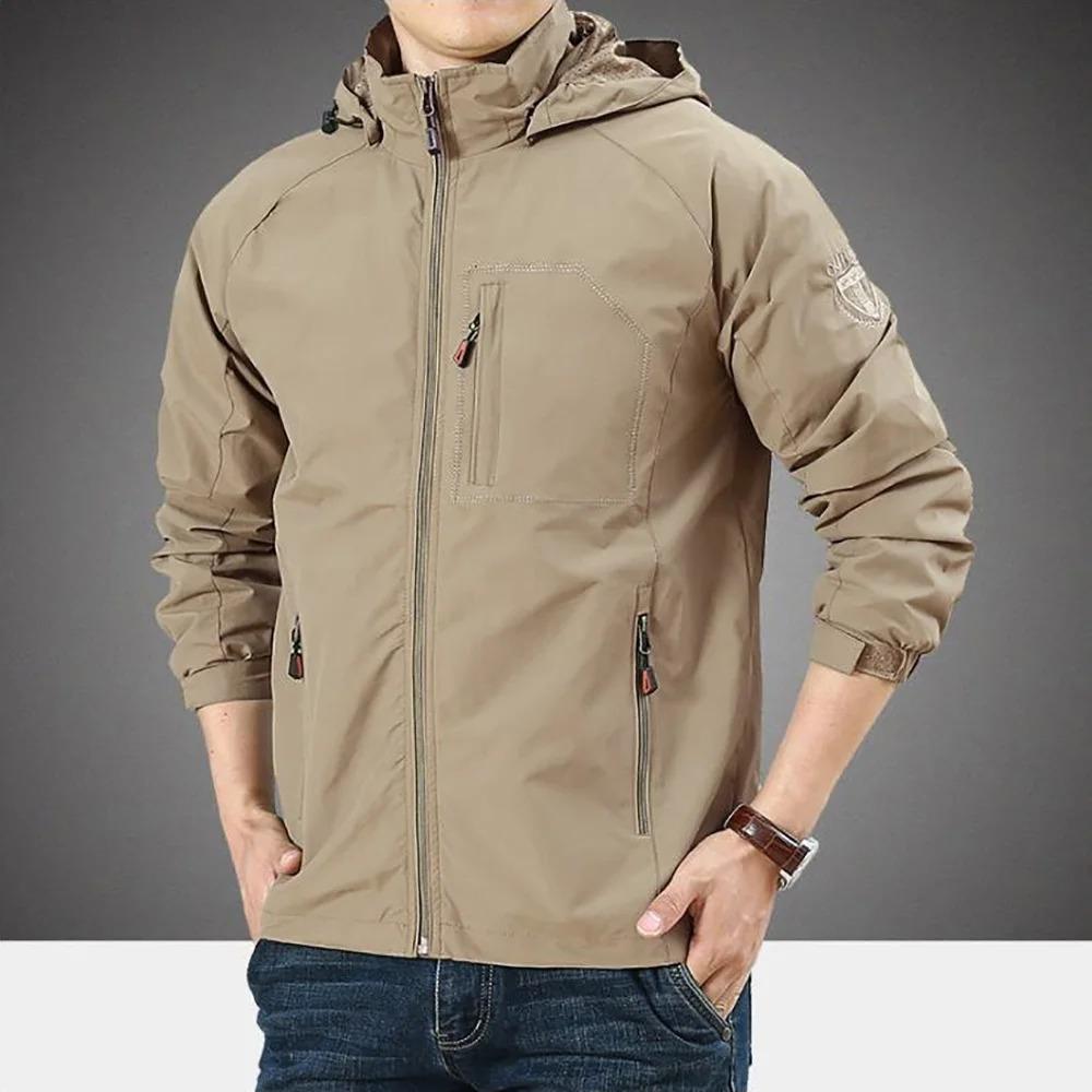 Men's Outdoor Jacket Windproof Hooded Zipper Jacket Coat Spring Autumn Waterproof Breathable Camping Hiking Outwear