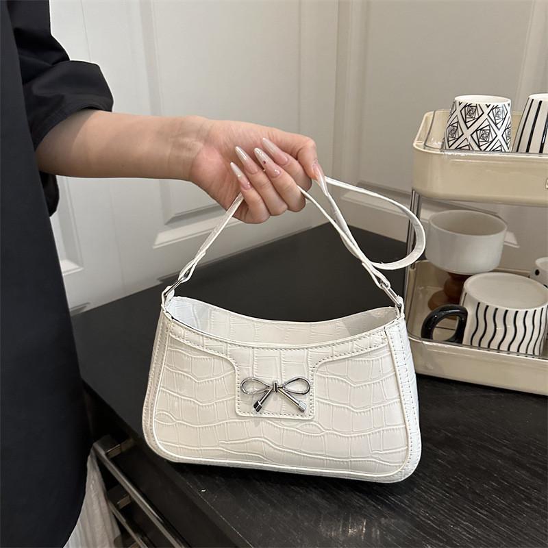 Color Simple Solid Bow Decoration Crocodile Texture Women Casual Shoulder Bag