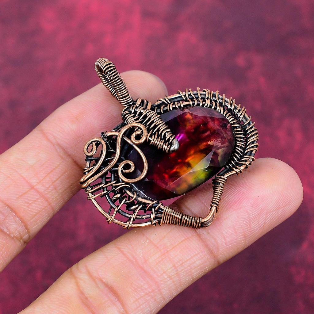 Faceted Ammolite Pendant Copper Wire Wrapped Pendant Handmade Gemstone Pendant