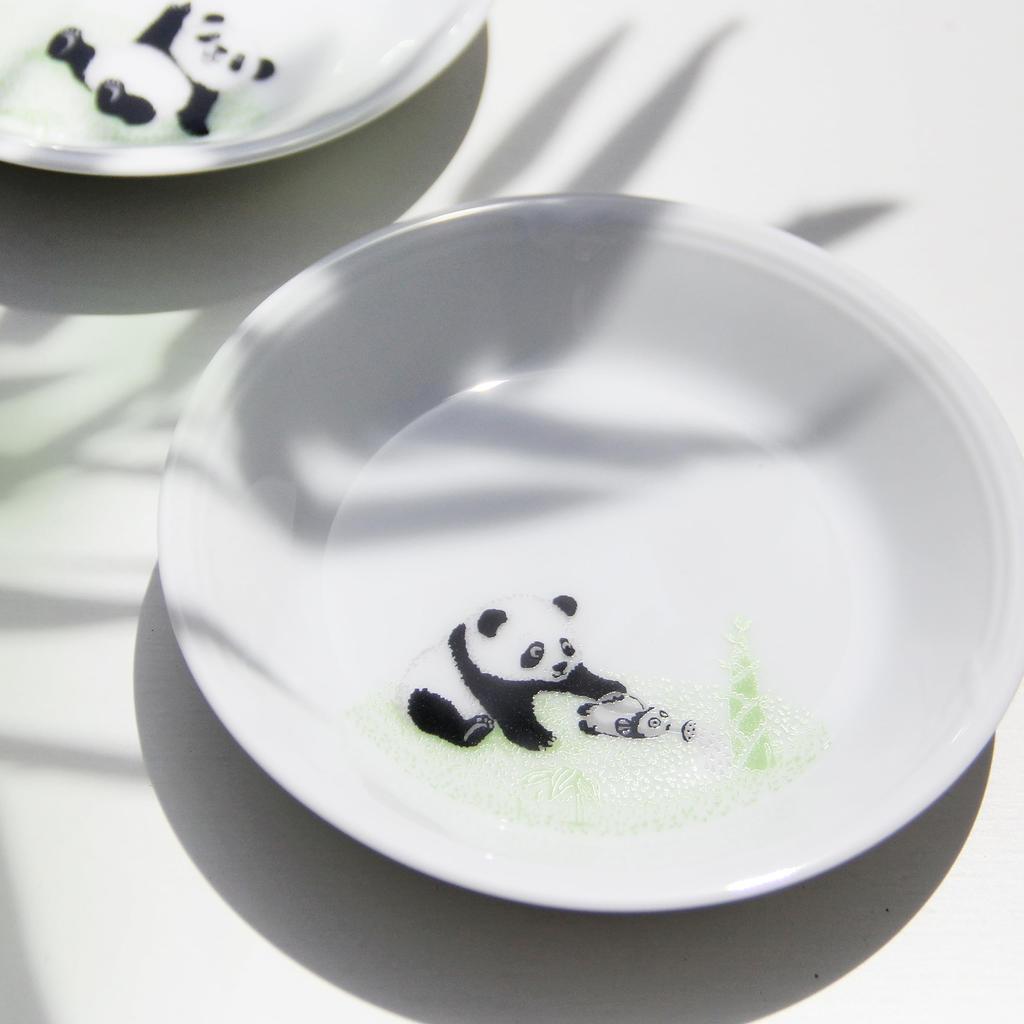 Okura Porcelain Panda Family - Auspicious Story - 11cm Small Plate #1 "Watering Bamboo Shoots" Microwave and Dishwasher Safe Made in Japan 15GS/C310-3