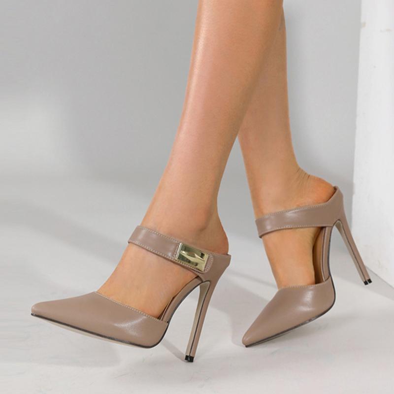 Fashion Liyke Fashion Design Metal Decoration Strap Women Pumps Slippers Cozy Leather Pointed Toe Black High Heels Shoes Stiletto Sandal