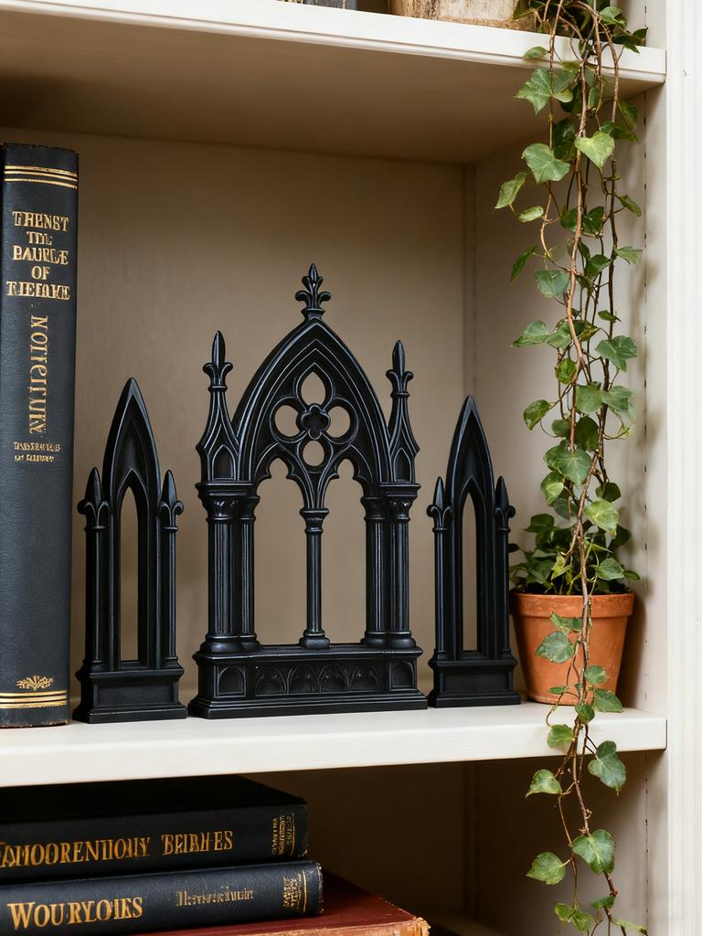 3pcs Gothic Style Castle Shape Tabletop Ornament, Black Wooden Cathedral Arch Book Ends, Vintage Home Office Shelf Decor Gift