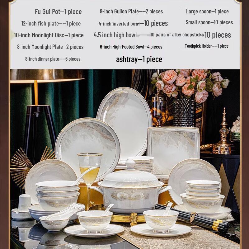 Linpan Light Luxury 60-Piece Bone China Dinnerware Set with Great Rivers and Mountains Pattern