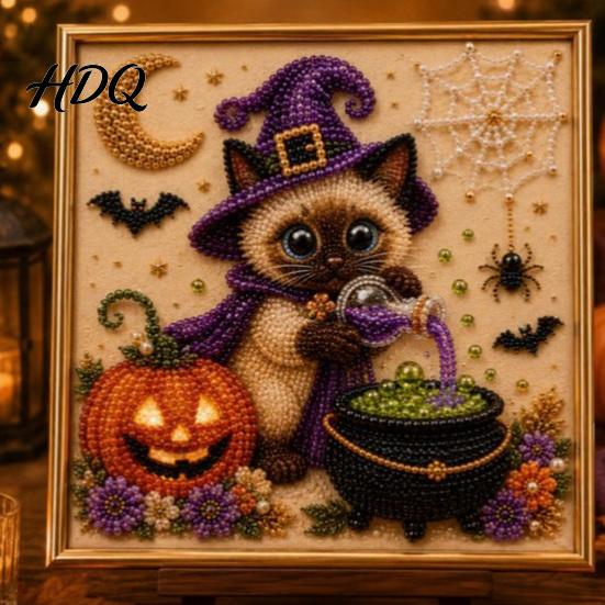 Easy Bead Puzzles for Beginners Halloween Witch Hat Cat DIY 3D Pearl Painting Kit with Frame Hand-Pasted Art Craft Adults Relaxing Decorative