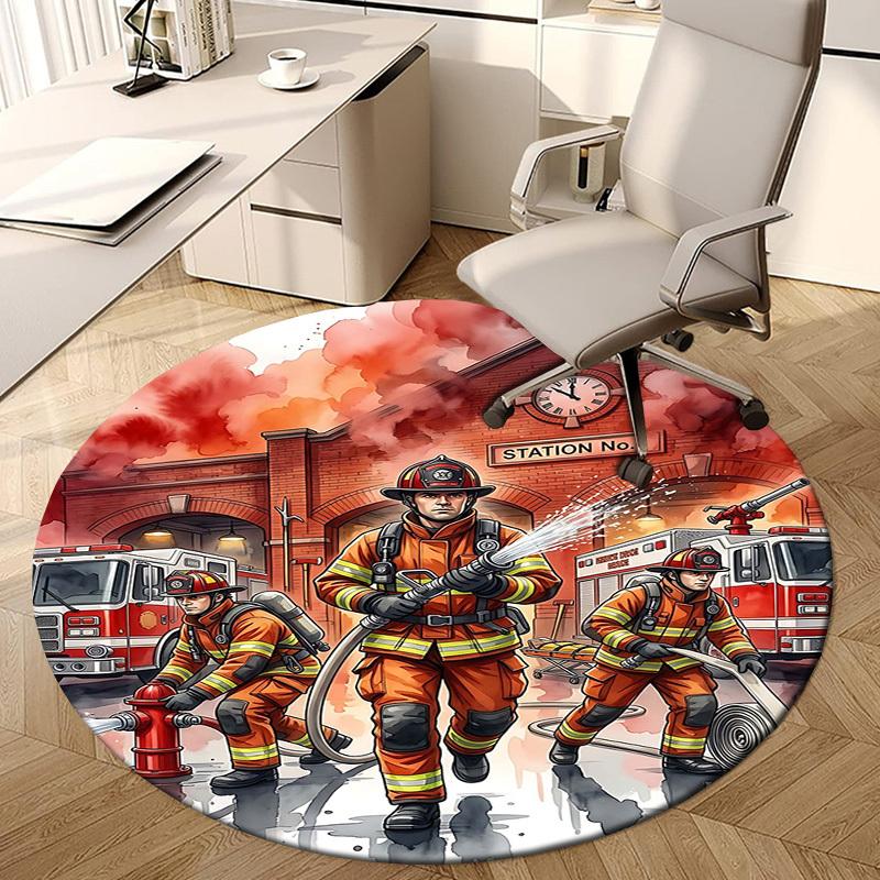 1PC Firefighter Station Non-Slip Floor Round Carpet, Office, Family, Bedroom, Large Area Rug Indoor Rugs, Durable PolyesterH0328